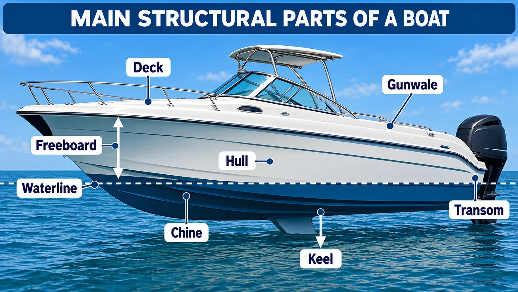Structural parts of a boat including hull deck gunwale transom keel freeboard and waterline