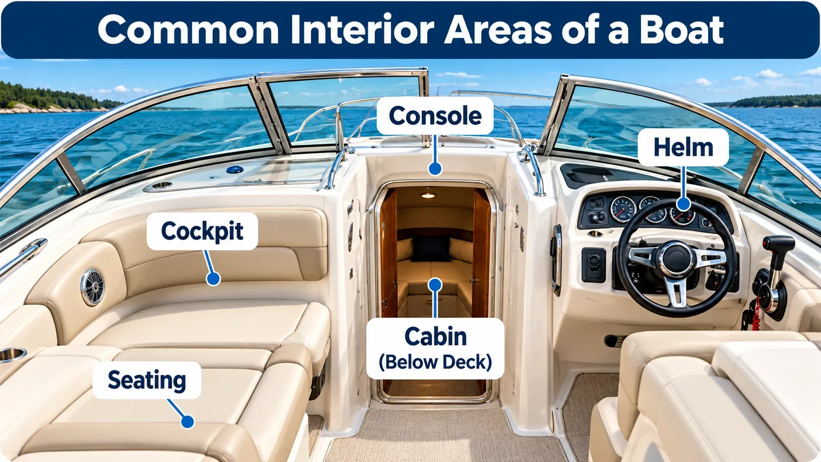 Interior parts of a boat showing helm cockpit console cabin and seating