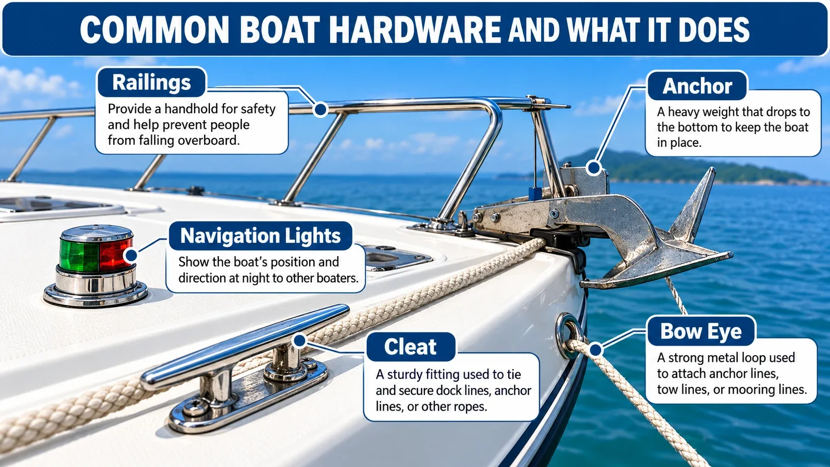 Common boat hardware including railings anchor cleat bow eye and navigation lights