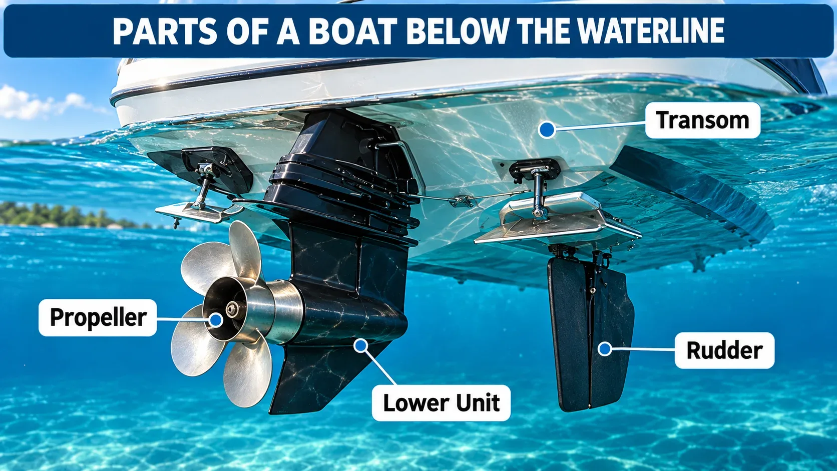Parts of a boat below the waterline including propeller lower unit rudder and transom