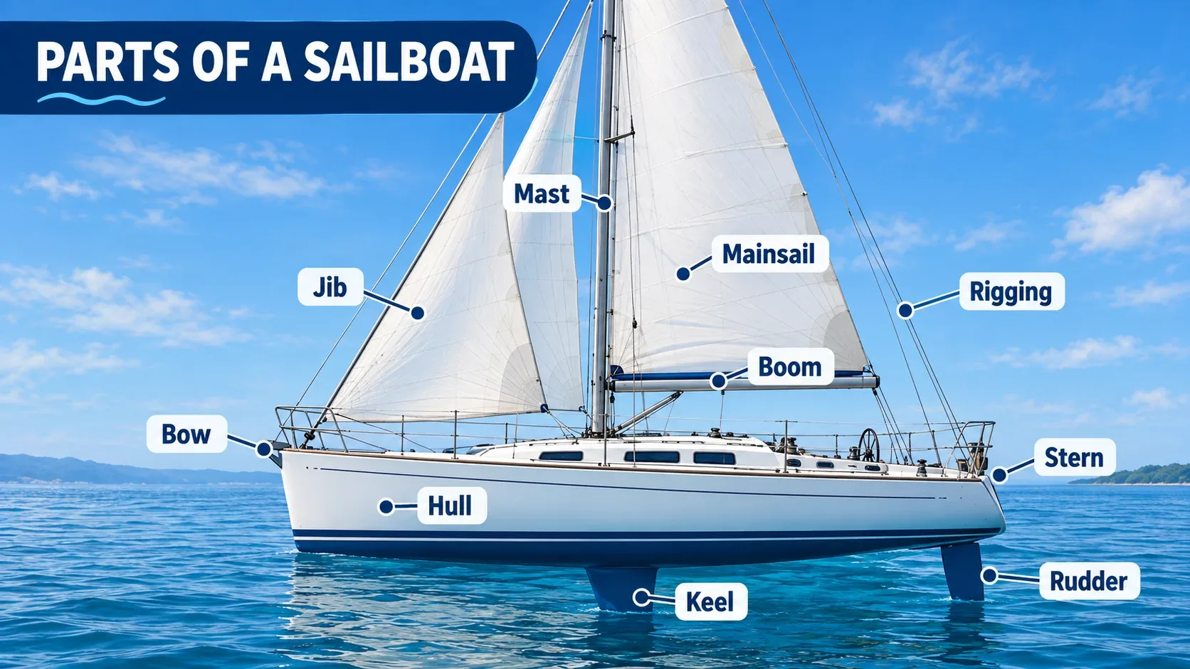 Parts of a sailboat diagram showing bow stern mast jib mainsail boom rigging hull keel and rudder
