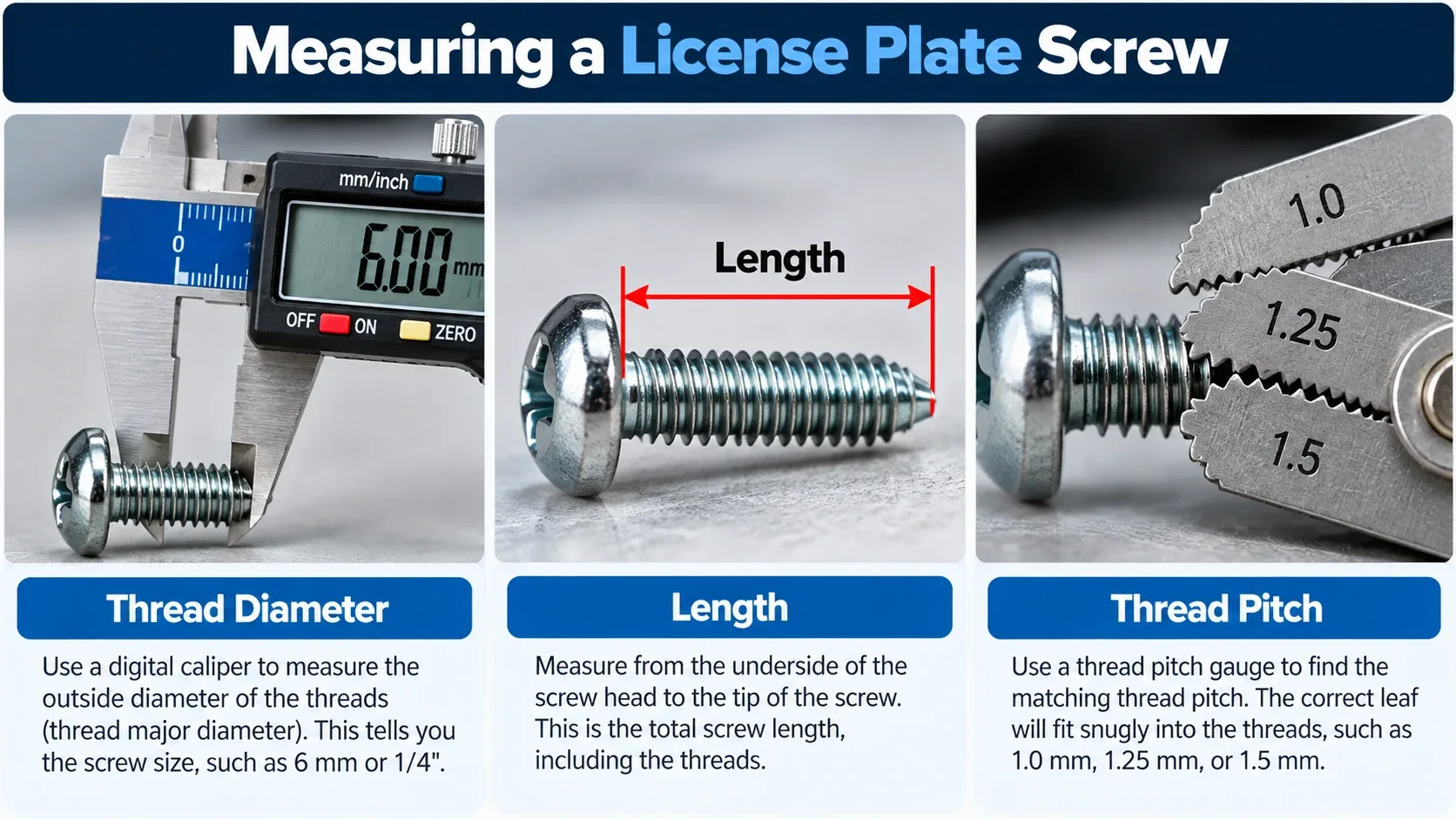How to measure license plate screw diameter length and thread pitch