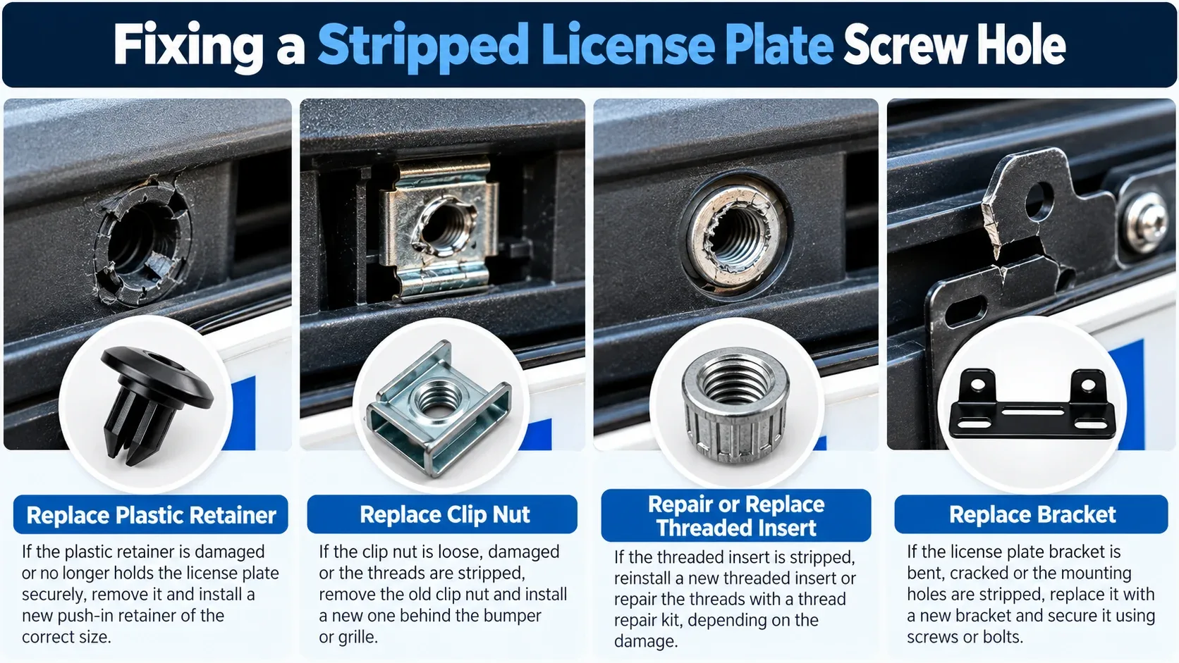 How to fix a stripped license plate screw hole using retainers clip nuts and threaded inserts