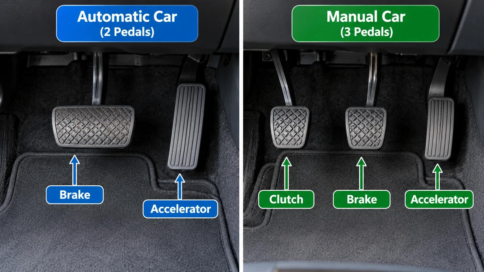 Automatic and manual pedal layout showing brake accelerator and clutch