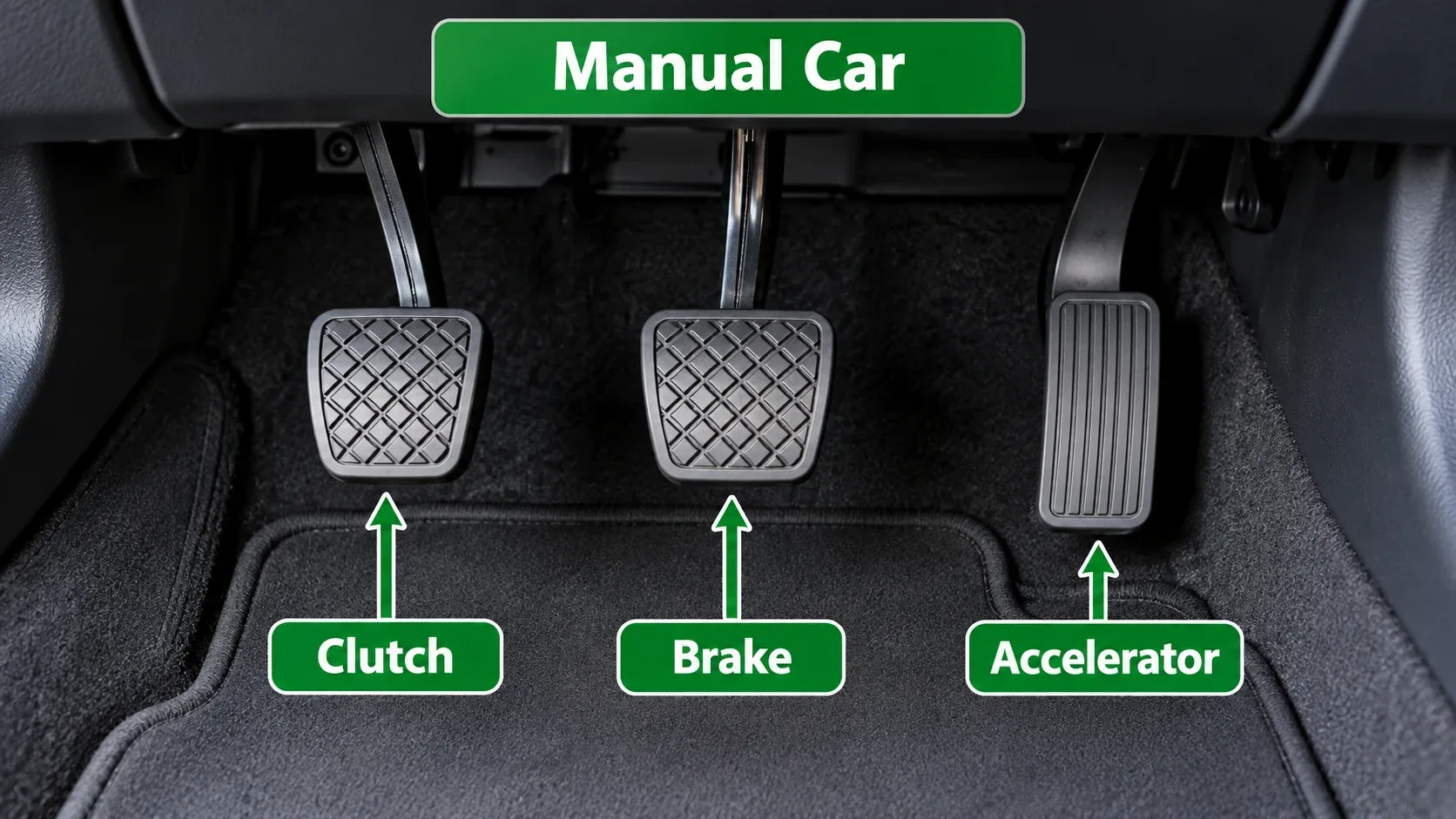 Manual car pedal layout showing clutch brake and accelerator from left to right