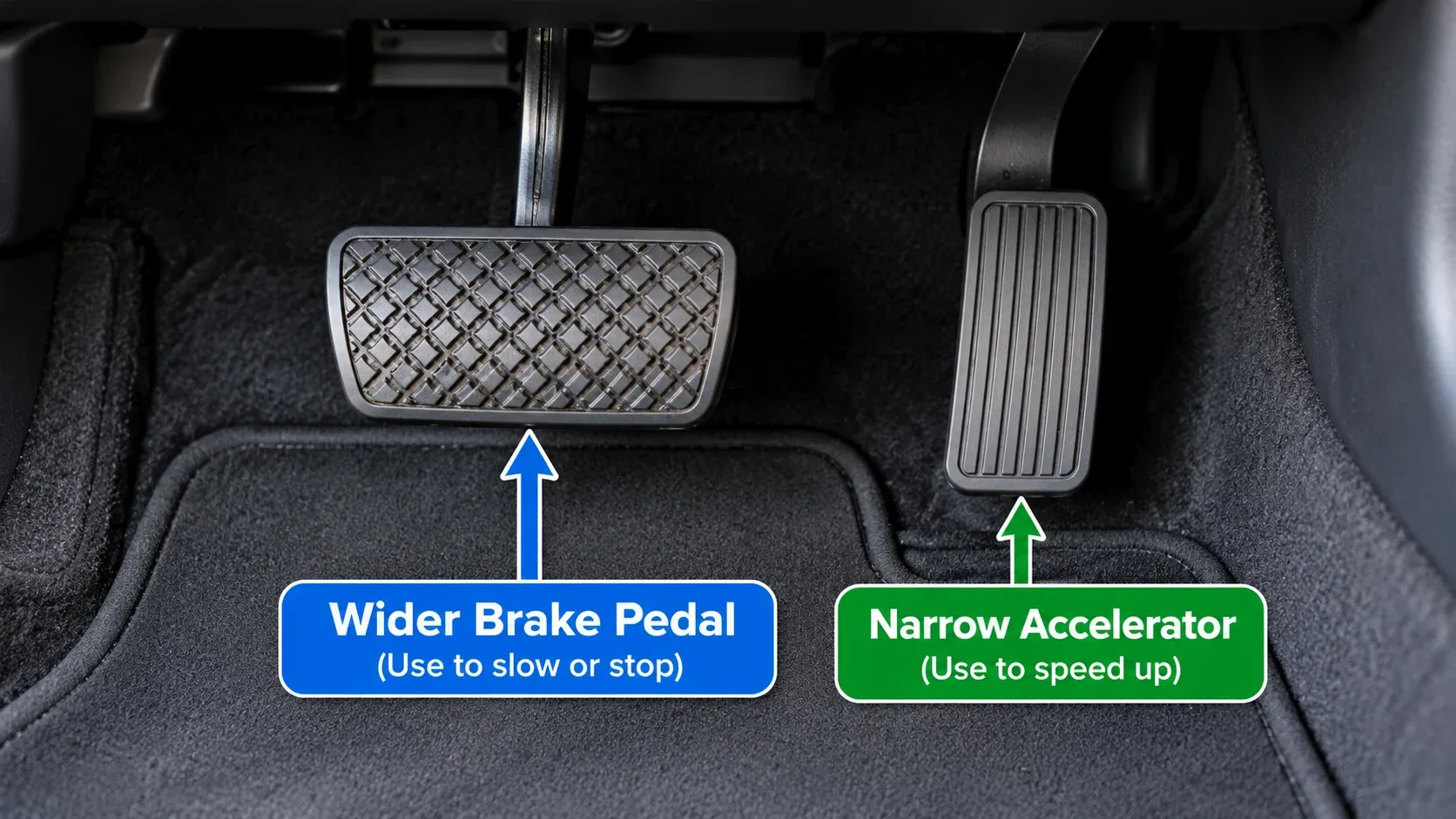 Brake pedal versus accelerator pedal comparison showing wider brake pedal and narrow accelerator