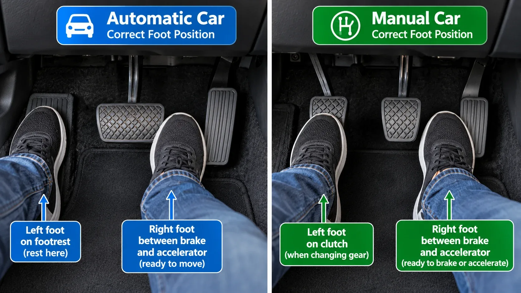 Correct foot position for automatic and manual car pedals