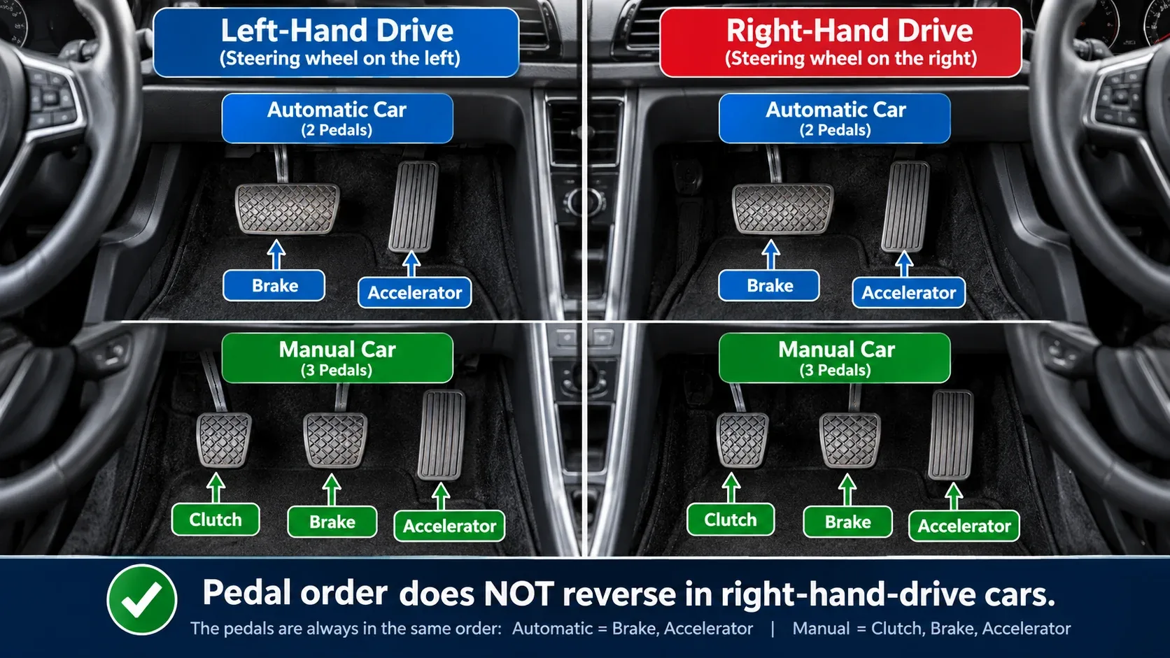 Left hand drive and right hand drive pedal layout comparison