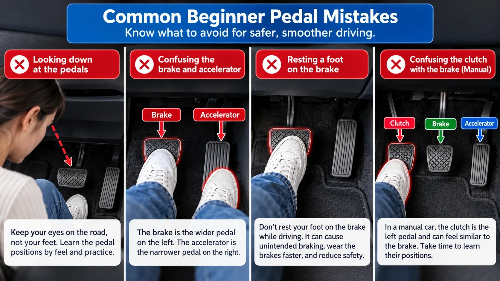 Common beginner driving pedal mistakes including looking down and resting foot on brake