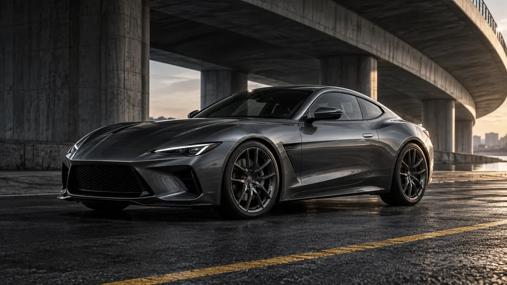 Dark graphite sports coupe parked beneath a concrete overpass