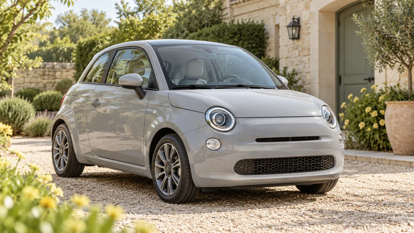 Rounded light gray hatchback on a sunny driveway with flowers