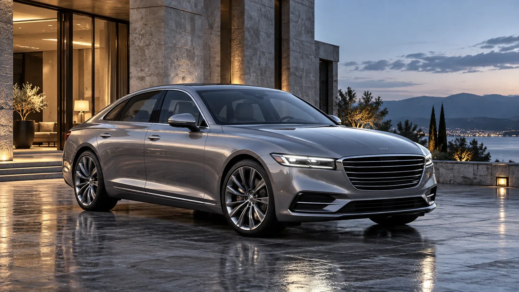 Metallic silver gray luxury sedan outside a modern home at twilight