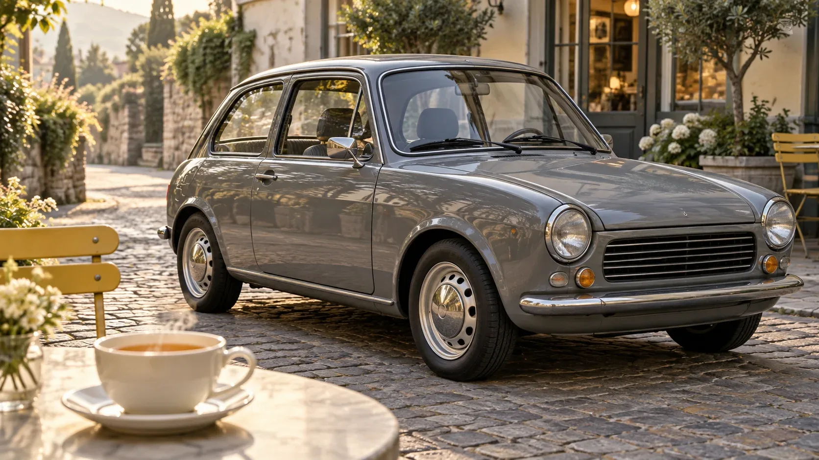 Vintage gray compact car beside a cafe table with a cup of tea