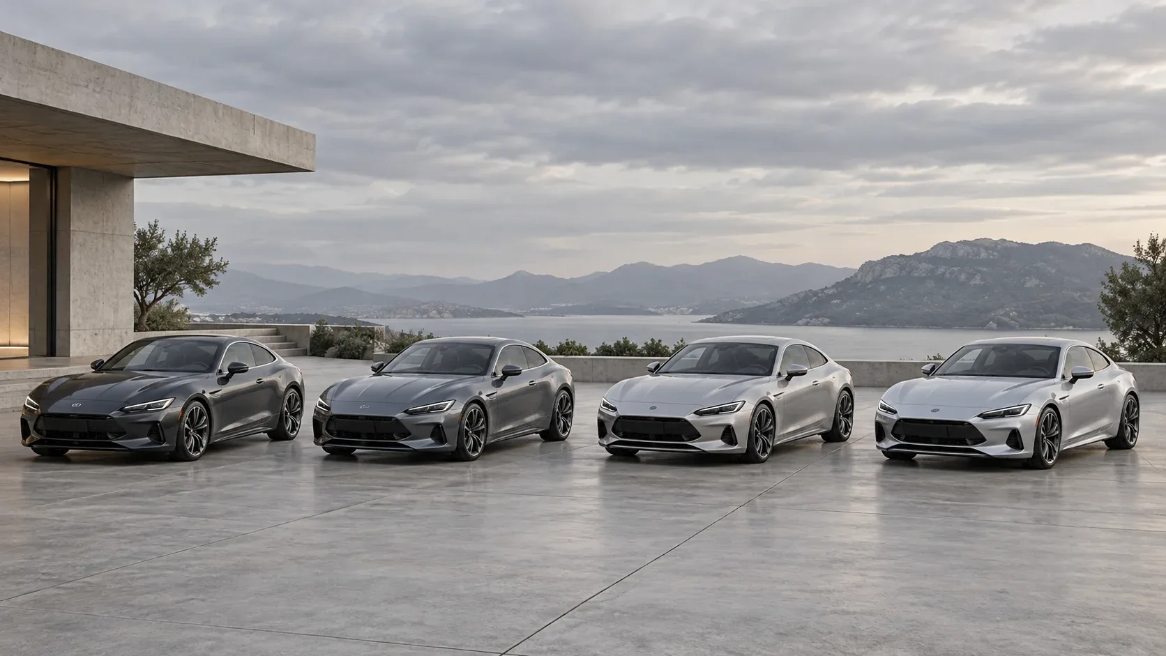 Four cars showing charcoal, slate, light gray, and metallic silver paint shades