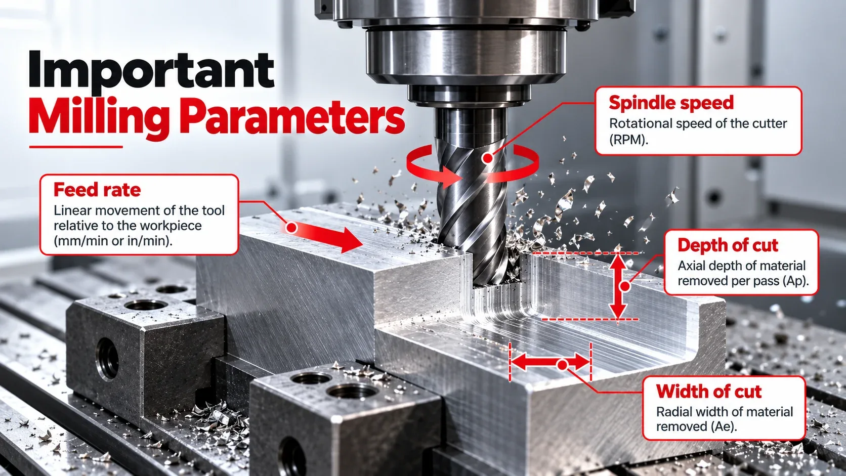 Important milling parameters including spindle speed, feed rate, depth of cut and width of cut
