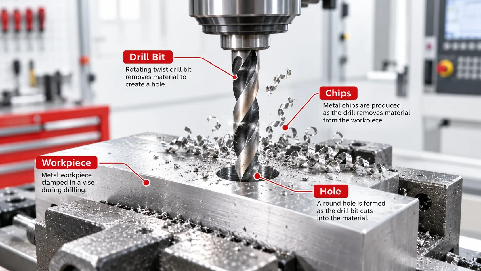 What is drilling? Drill bit creating a hole in a metal workpiece