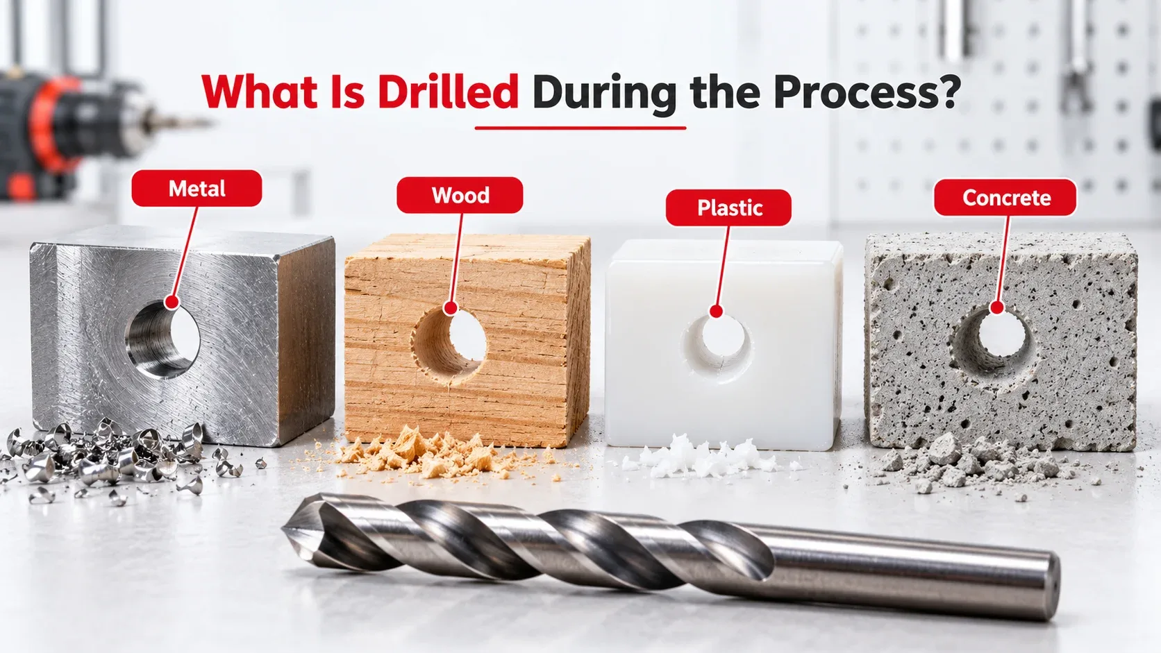 Materials that can be drilled including metal, wood, plastic and concrete