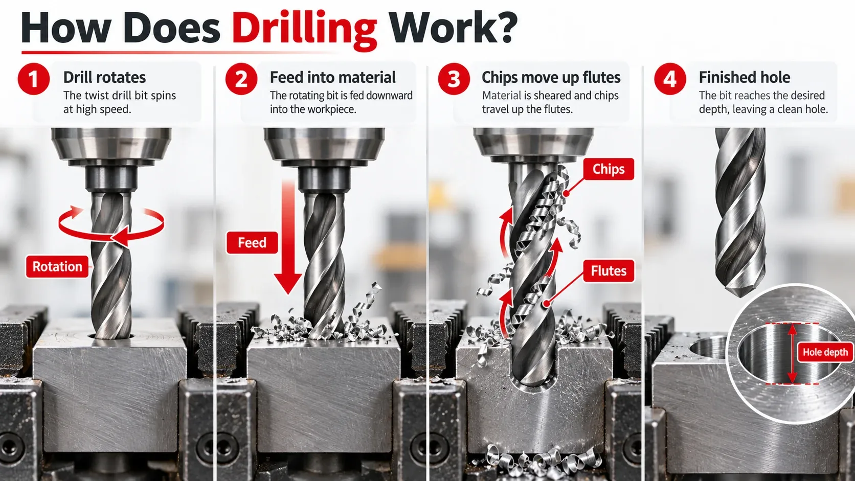 How drilling works with rotation, feed, chips and finished hole