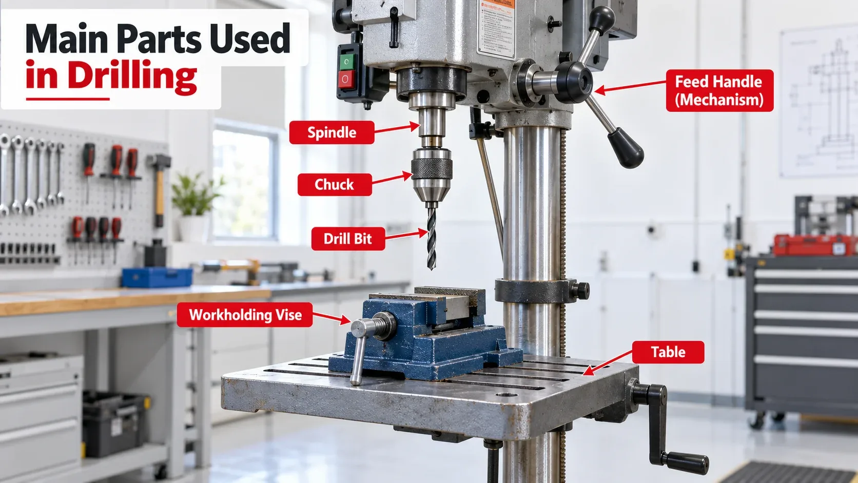 Main parts used in drilling including spindle, chuck, drill bit, vise and table