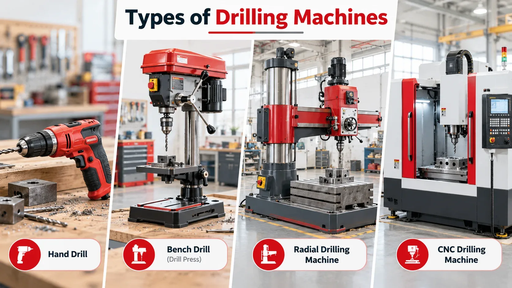 Types of drilling machines including hand drill, drill press, radial drill and CNC drilling machine