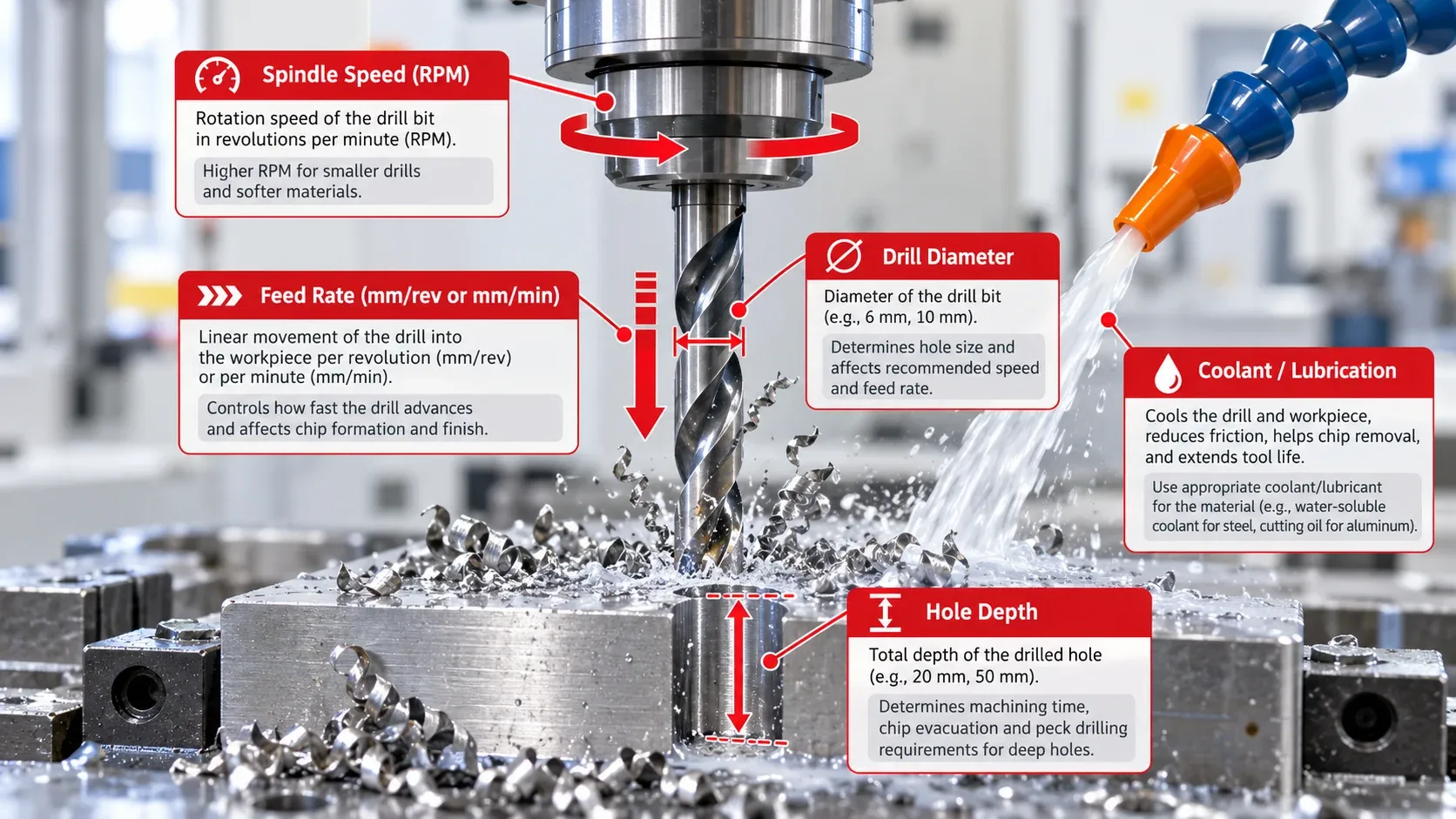 Important drilling parameters including spindle speed, feed rate, drill diameter, hole depth and coolant
