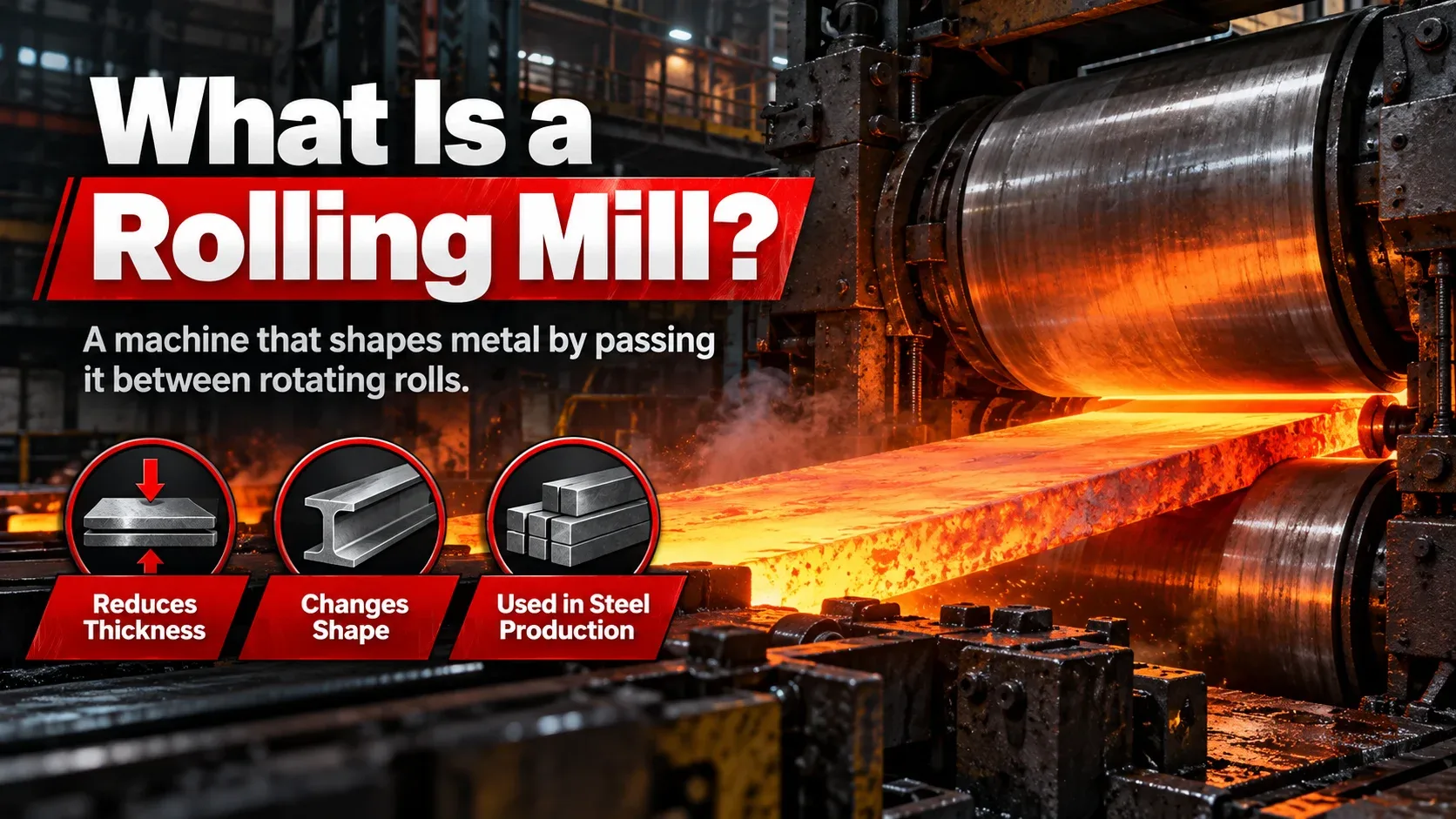 What is a rolling mill infographic showing steel passing between rotating rolls