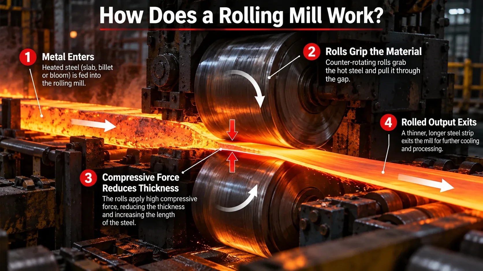 How a rolling mill works with metal feed, rotating rolls, compressive force and rolled output