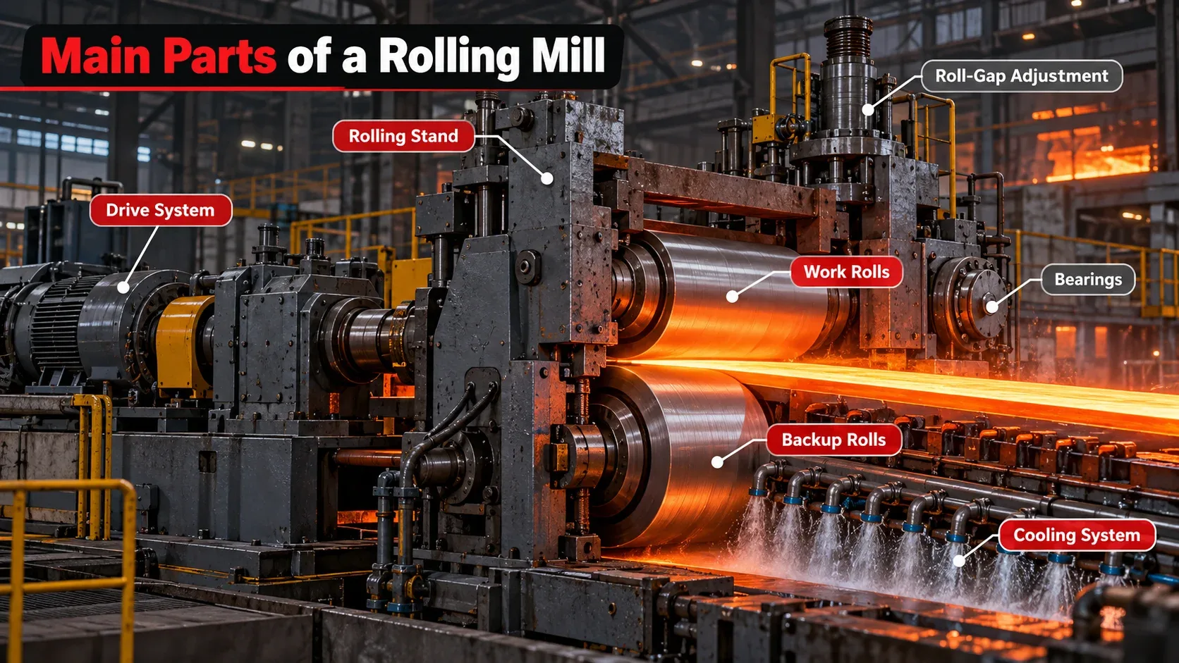 Main parts of a rolling mill including work rolls, backup rolls, drive system, bearings and cooling system