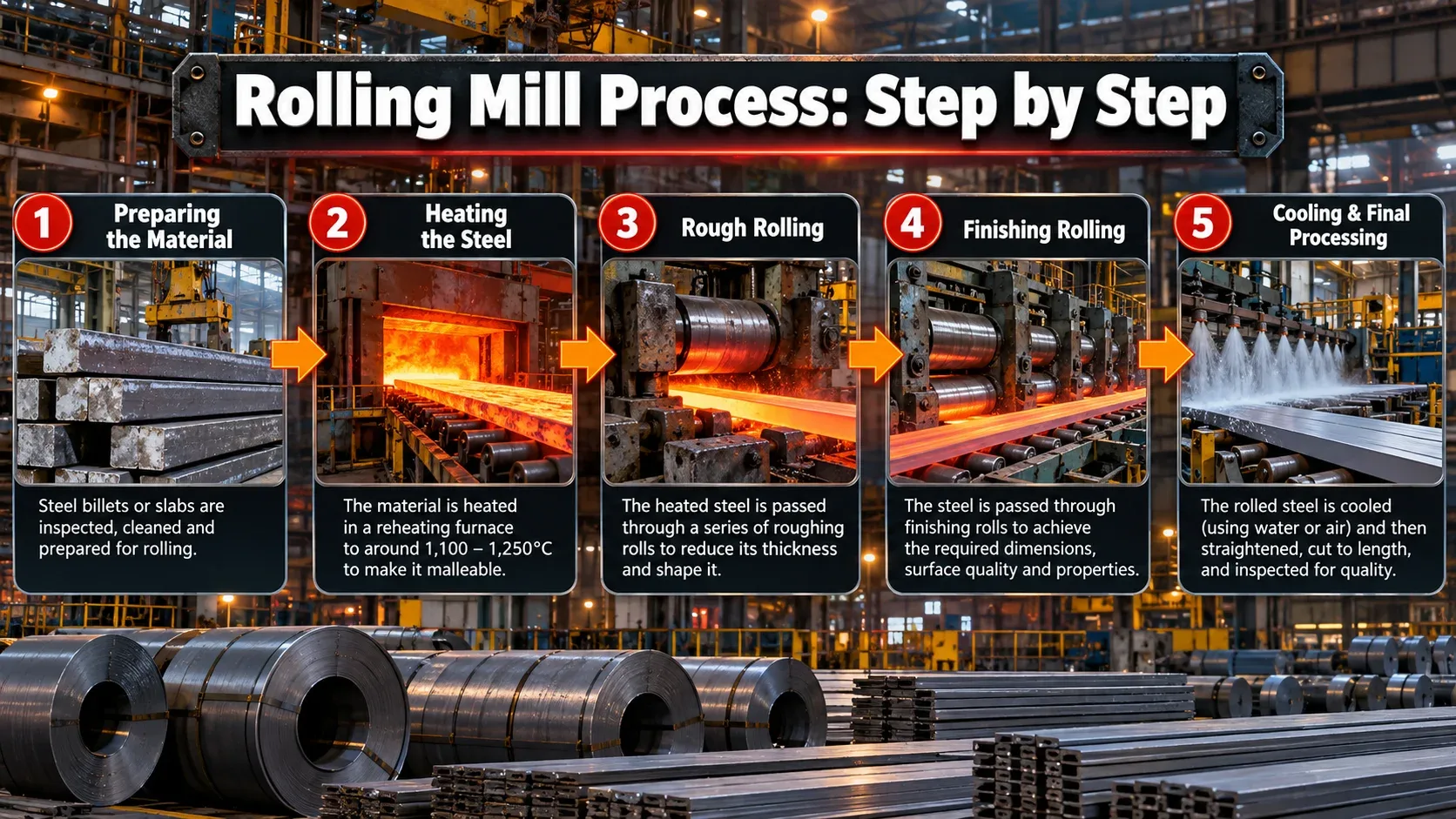 Rolling mill process step by step from steel preparation and heating to rolling and cooling