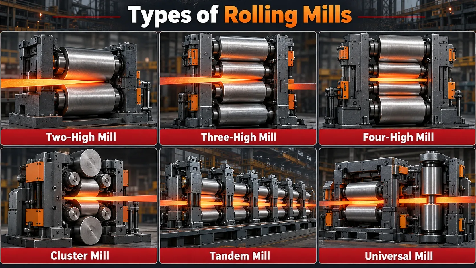 Types of rolling mills including two-high, three-high, four-high, cluster, tandem and universal mills