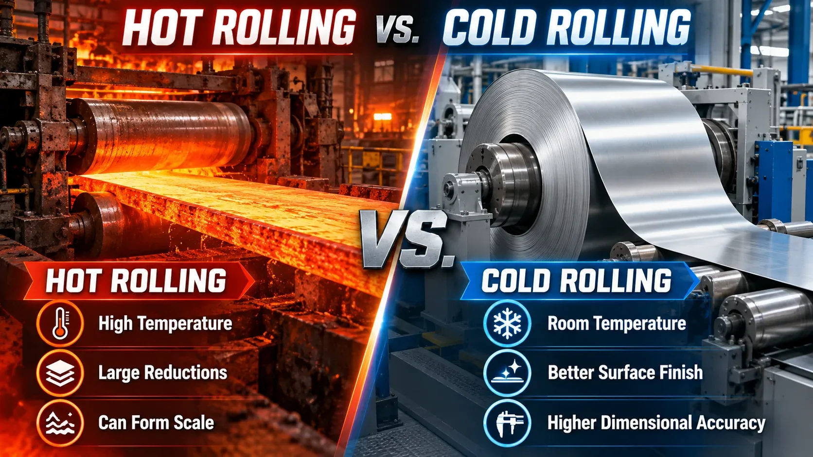 Hot rolling versus cold rolling comparison showing temperature, surface finish and dimensional accuracy differences