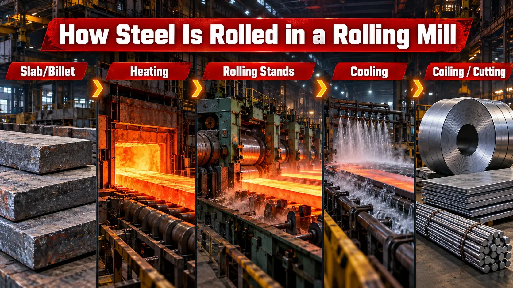 How steel is rolled in a rolling mill from slab or billet through heating, rolling, cooling and coiling