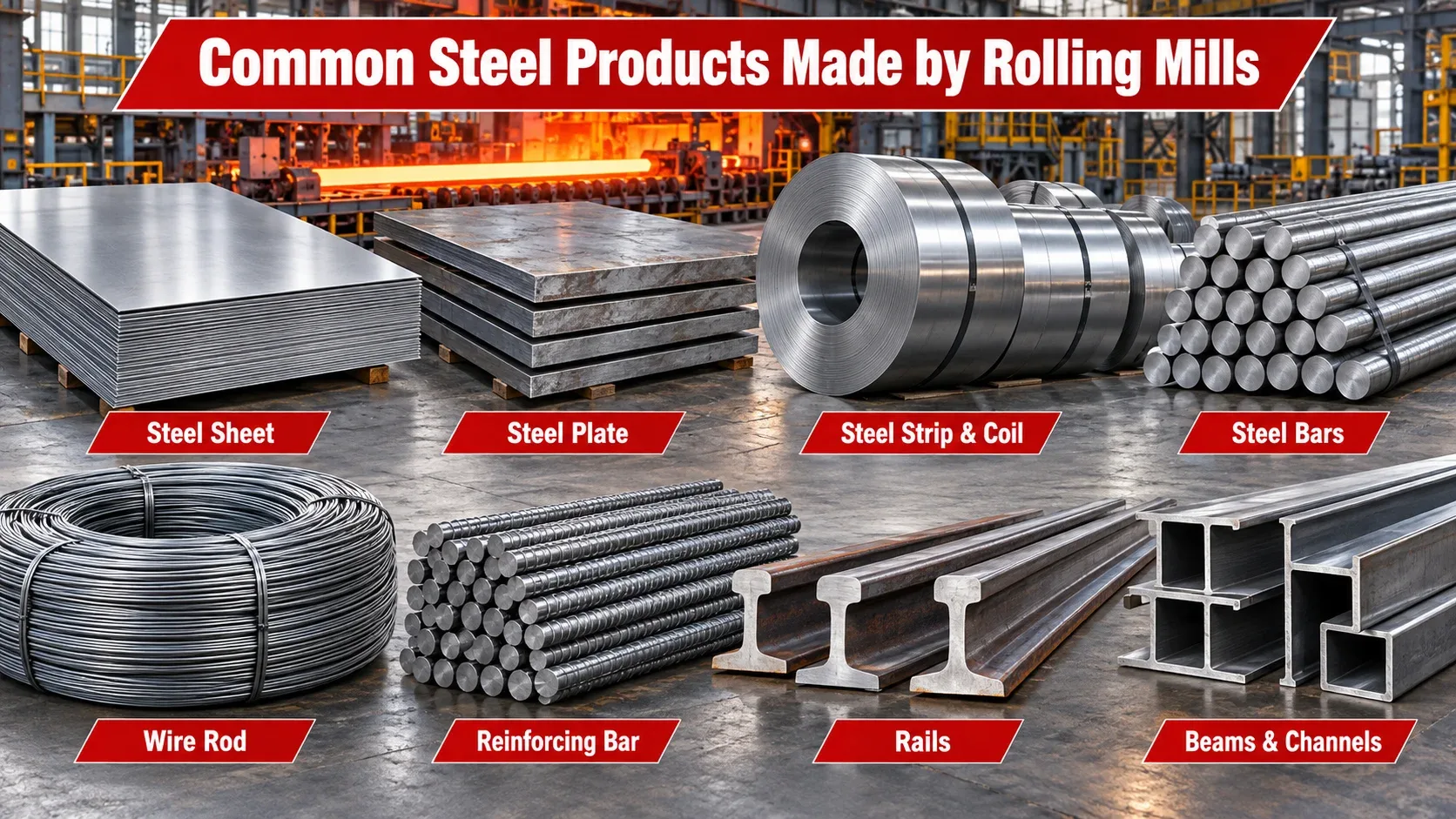 Common steel products made by rolling mills including sheet, plate, coil, bars, wire rod, rails and beams