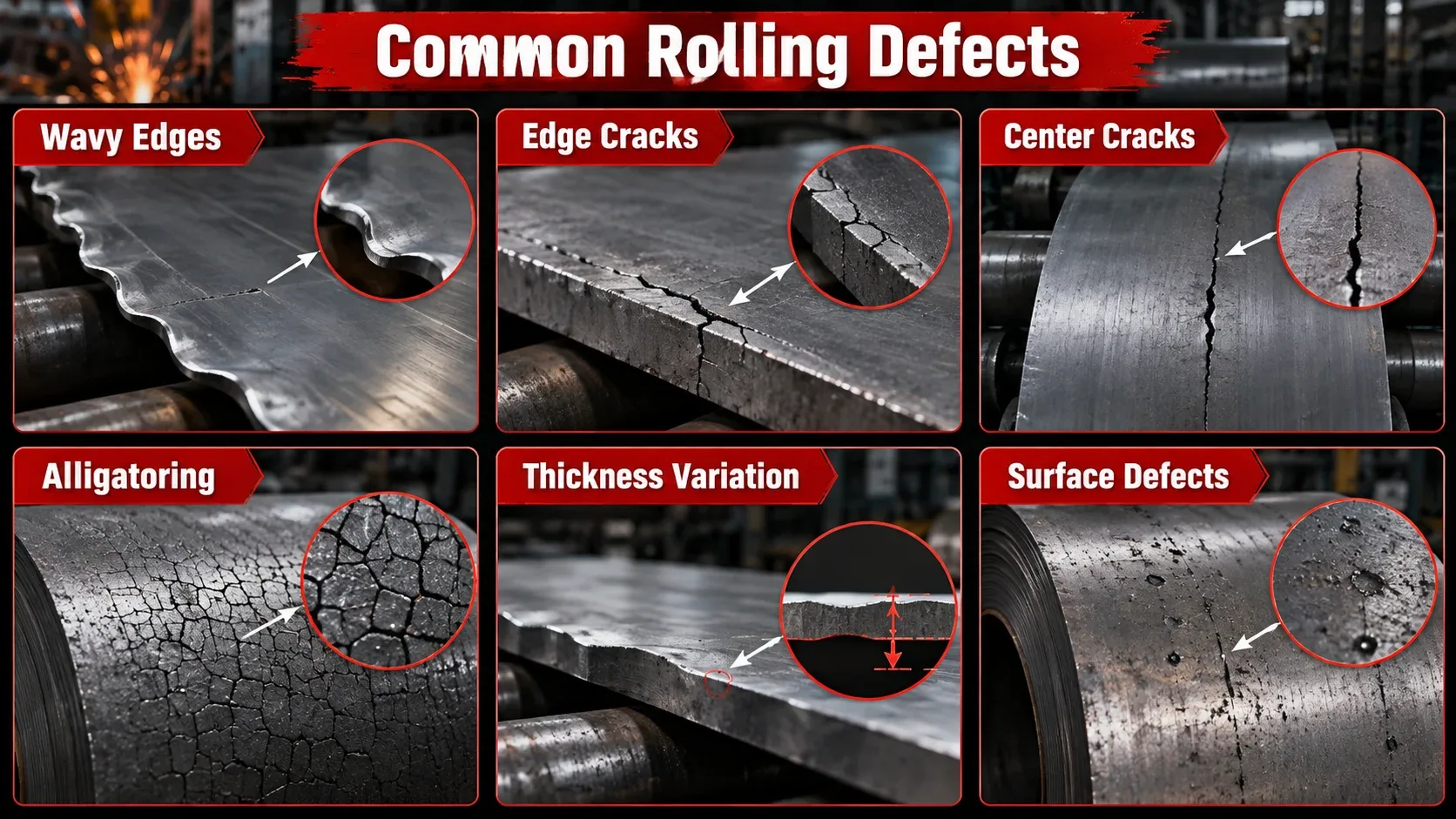 Common rolling defects including wavy edges, edge cracks, center cracks, alligatoring and surface defects
