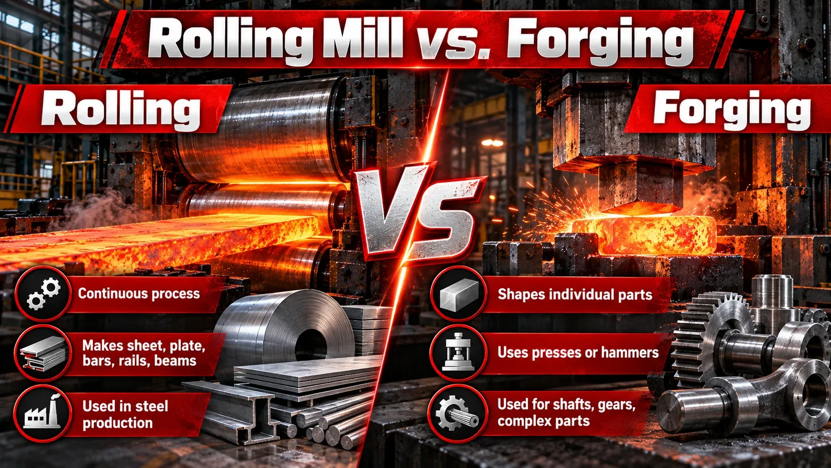 Rolling mill versus forging comparison showing continuous rolling and forged individual parts