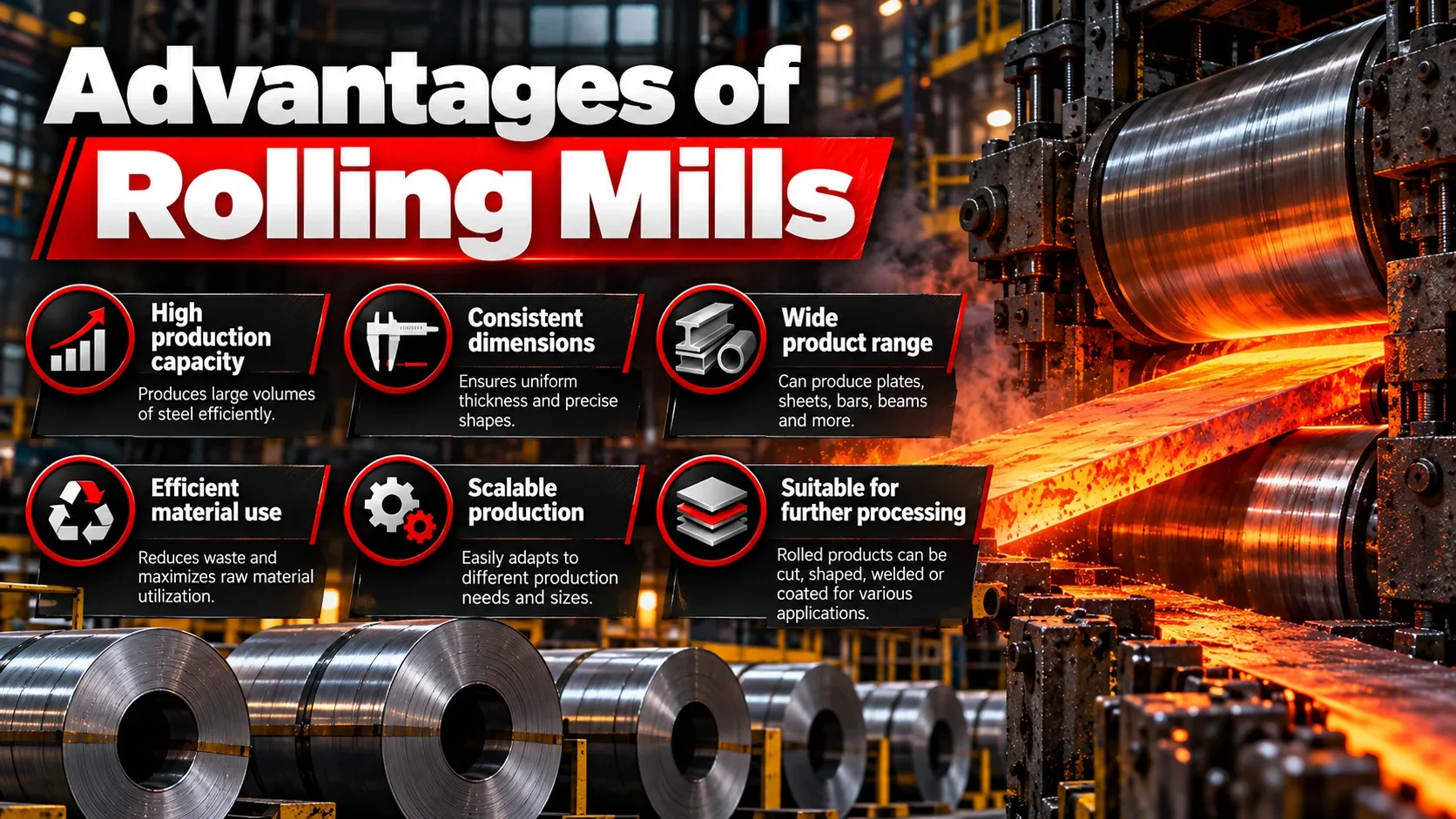 Advantages of rolling mills including high production capacity, dimensional consistency and efficient material use