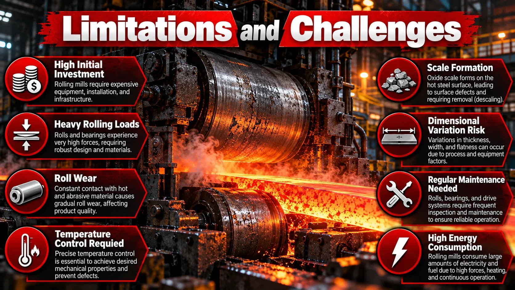 Limitations and challenges of rolling mills including high investment, roll wear, temperature control and energy consumption