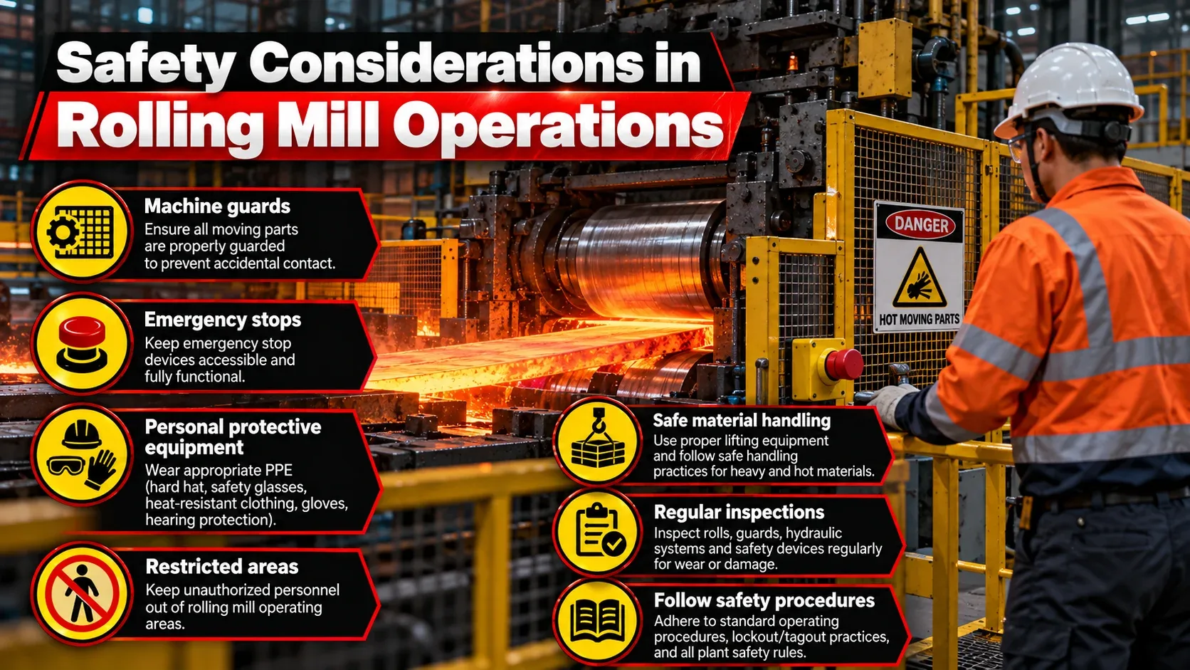 Rolling mill safety considerations including machine guards, PPE, emergency stops, inspections and safe material handling