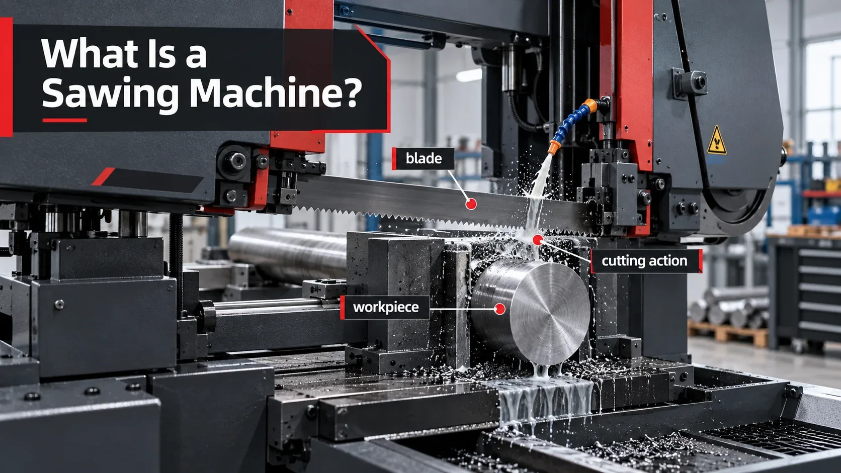 What is a sawing machine showing blade, workpiece and cutting action