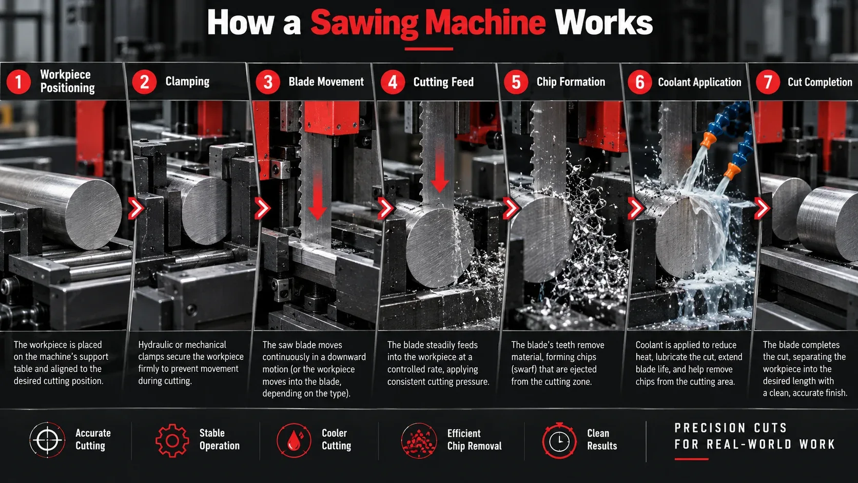 How a sawing machine works step by step