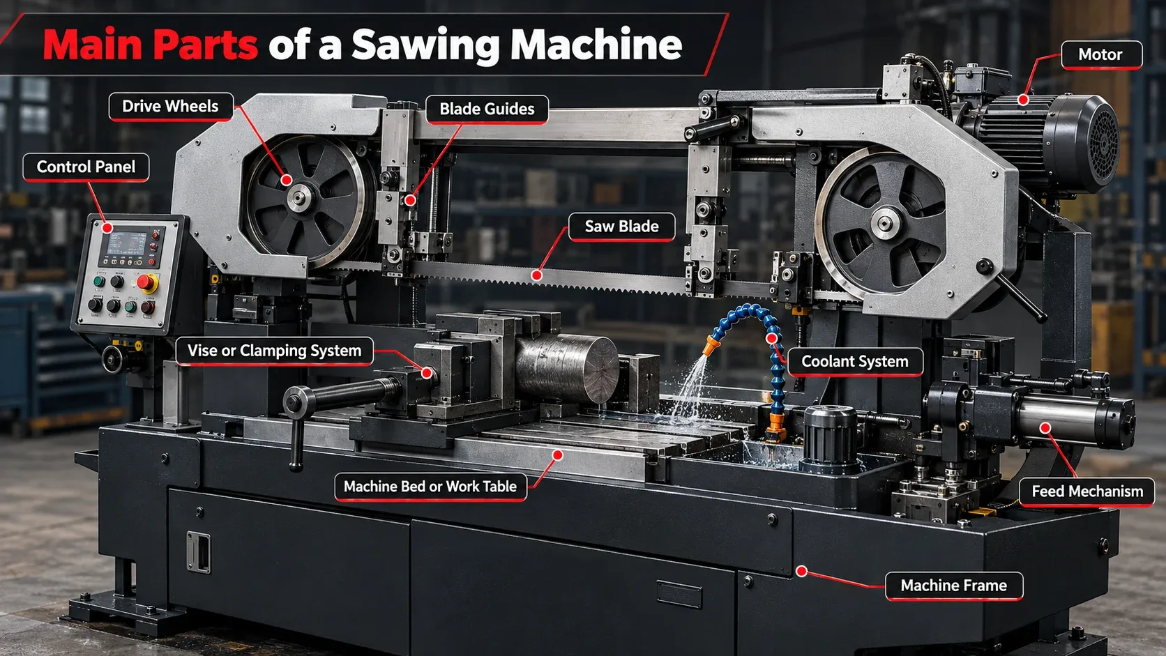 Main parts of a sawing machine labeled diagram