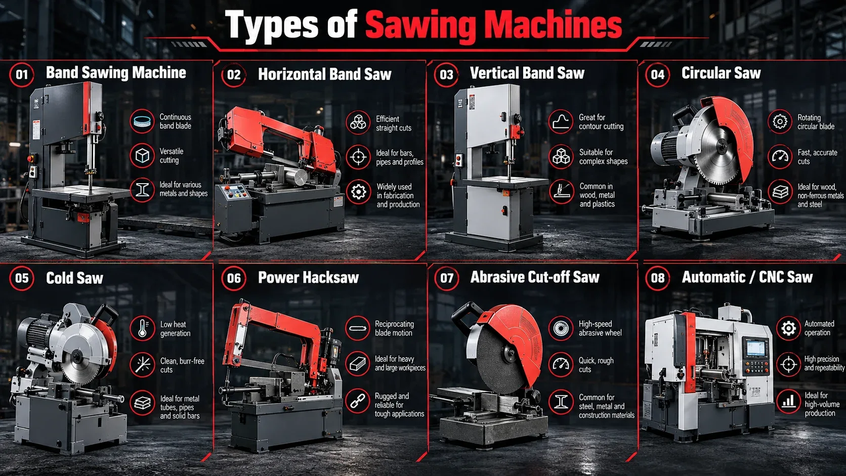 Types of sawing machines including band saw circular saw cold saw and CNC saw