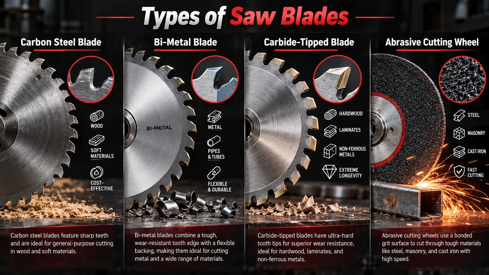 Types of saw blades including carbon steel bi-metal carbide-tipped and abrasive cutting wheel