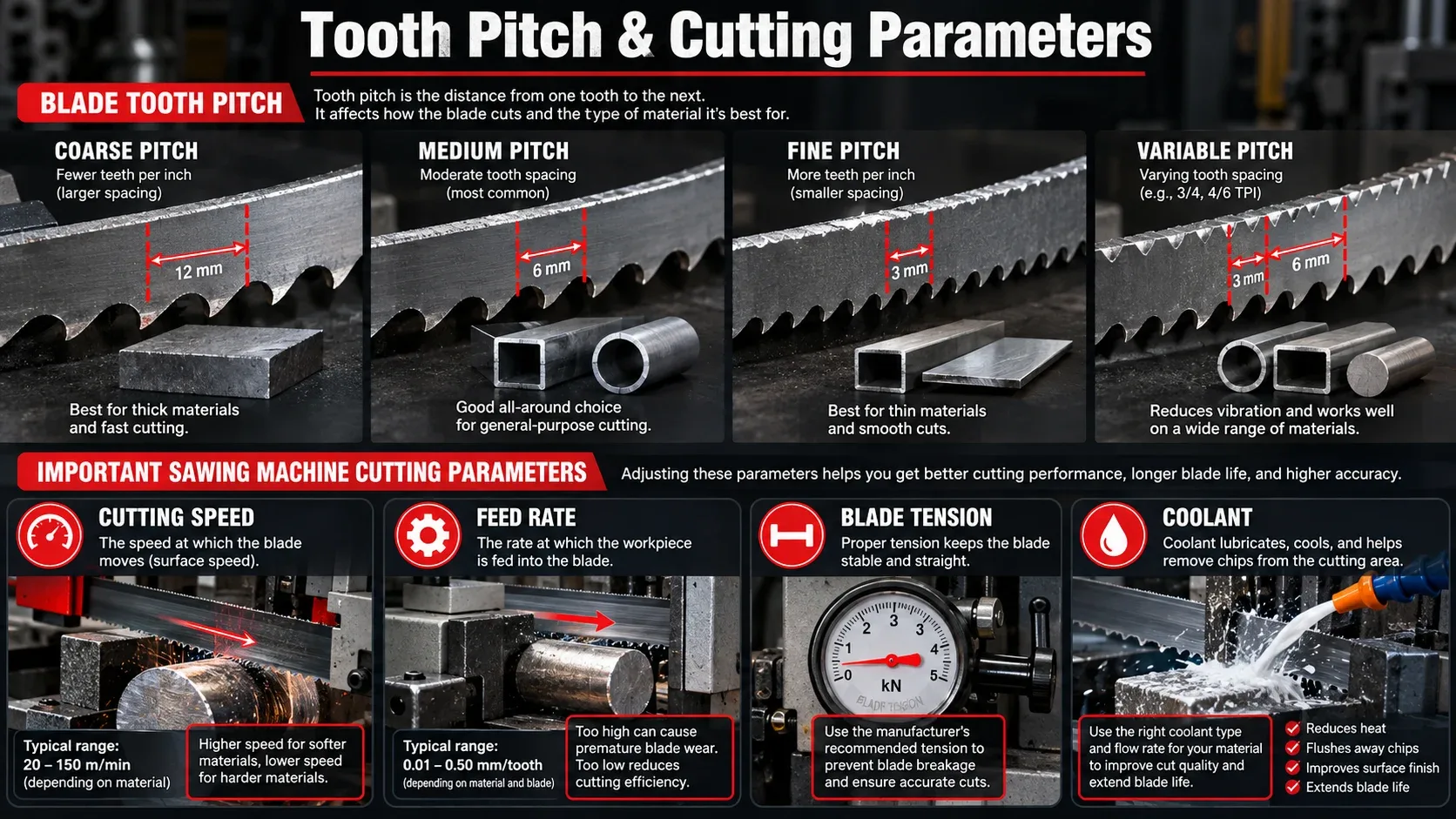 Saw blade tooth pitch and cutting parameters including speed feed tension and coolant