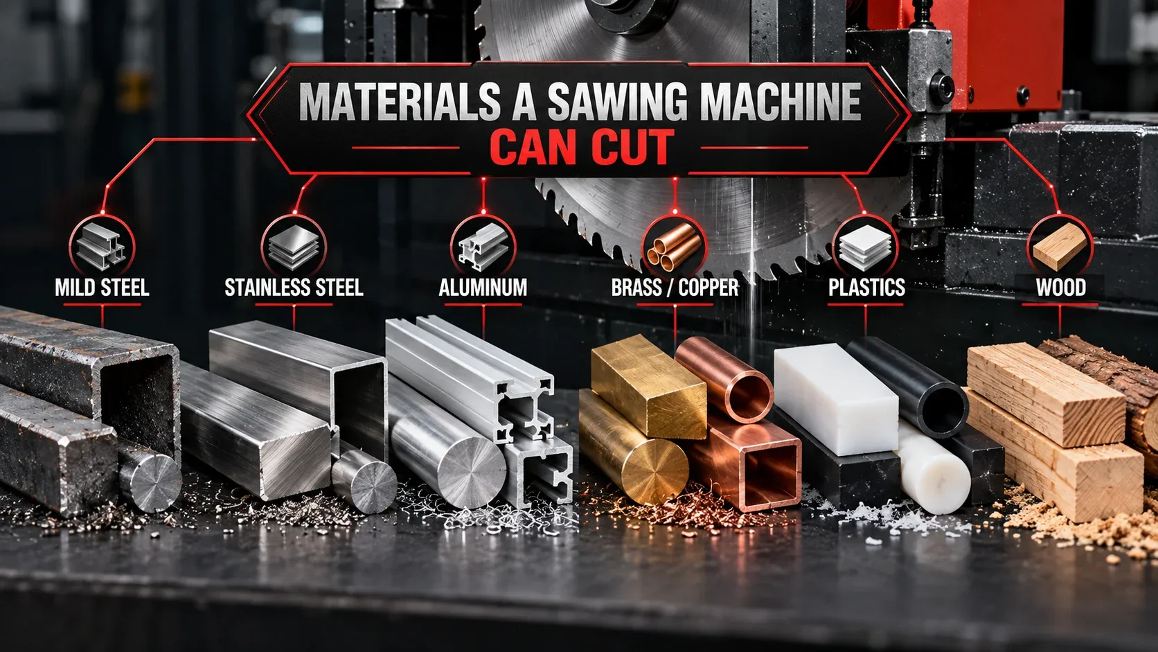 Materials a sawing machine can cut including steel aluminum brass copper plastic and wood