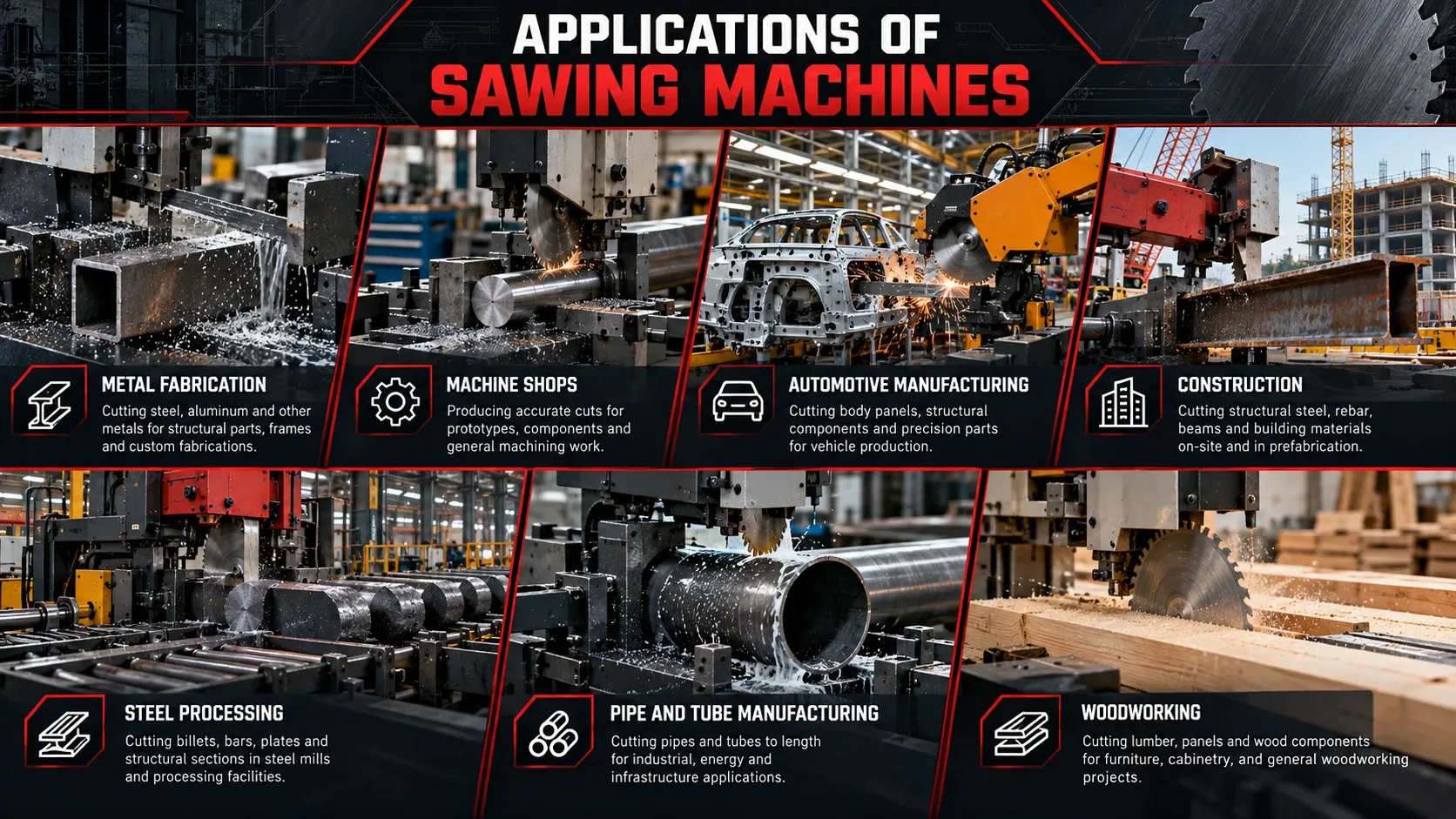 Applications of sawing machines in fabrication machine shops automotive construction and woodworking