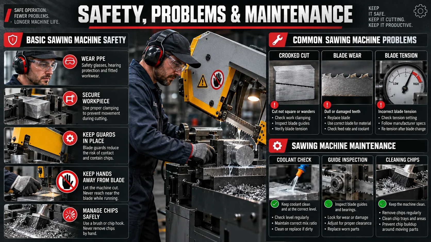 Sawing machine safety common problems and maintenance guide