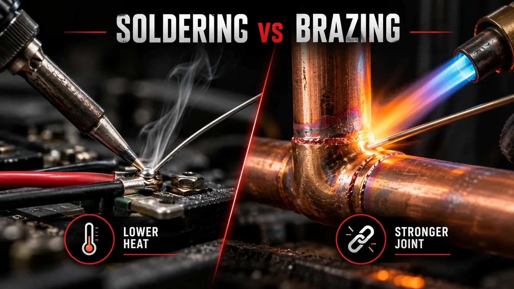 Soldering vs brazing comparison showing lower heat soldering and higher strength brazing