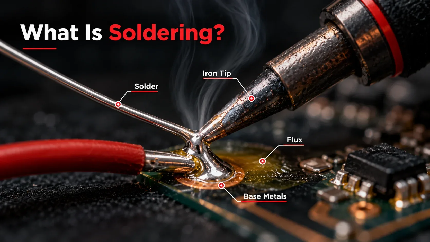 Soldering process showing soldering iron, solder, flux and base metals