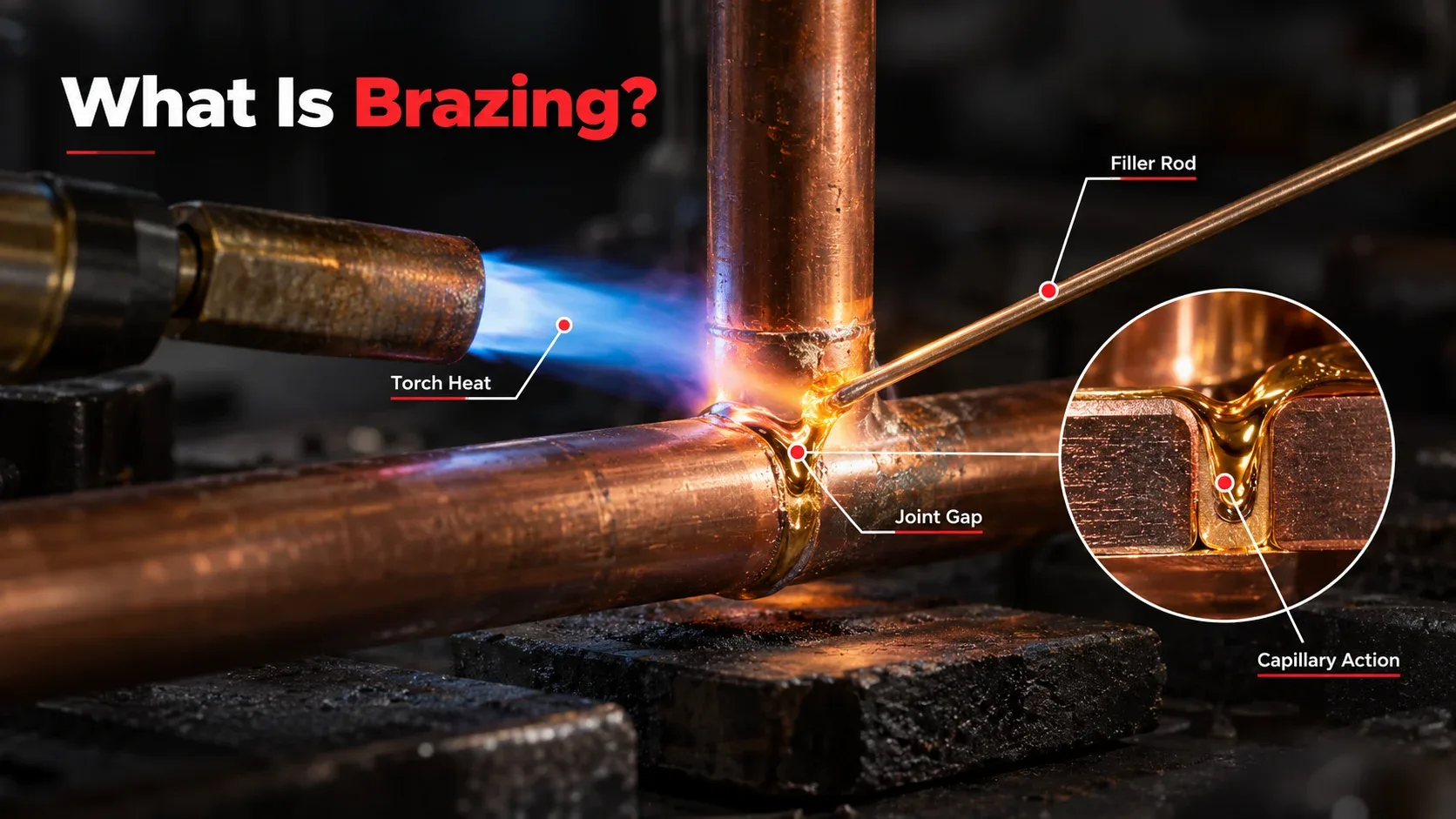 Brazing process showing torch heat, filler rod, joint gap and capillary action
